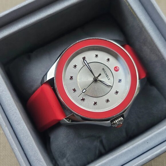 Michele Ladies Wristwatch Red Rubber Strap Analog Quartz 11 GEM Stones Watch - Picture 1 of 12